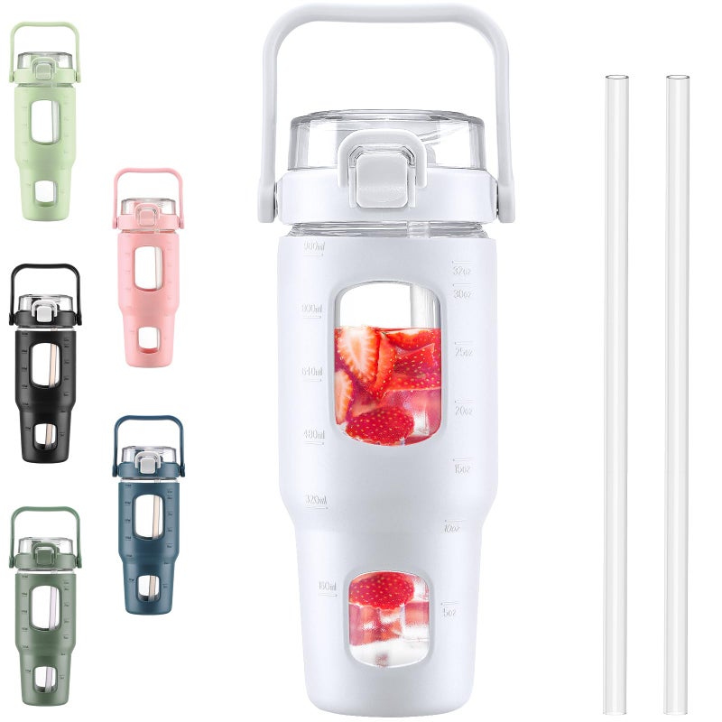 BLUEGO 32oz Glass Water Bottles with Straw Time Marker Half Gallon Large Motivational Water Bottle with Silicone Sleeve 2 Liter Large Glass Water Jug for Gym, Sports& Workout, Daily, White - Image 1