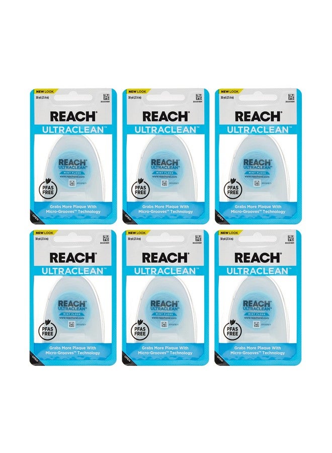 REACH Ultraclean Dental Floss, Mint, Plaque Remover for Teeth, Shred Resistant, Waxed, Easy on Gums & Teeth, Mint, Oral Care, PFAS Free, for Adults & Kids, 6 Pack, 30 yd - Image 1