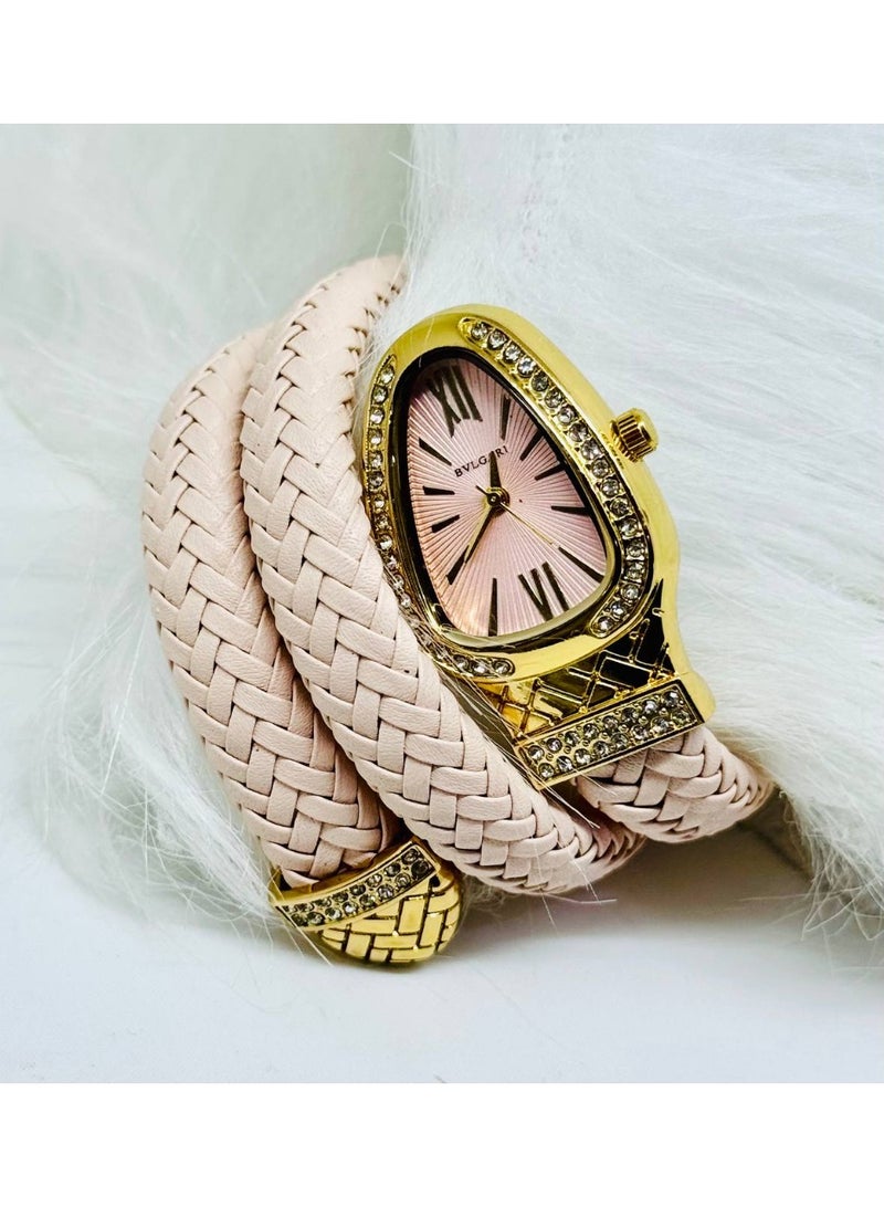 BVLGARI Women’s Beige Wrap Analog Watch – Braided Strap with Crystal Oval Dial