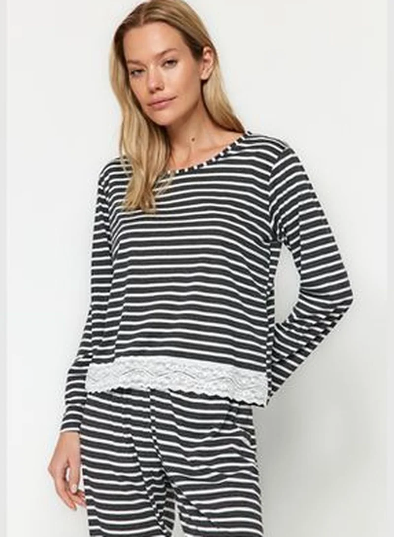 trendyol Anthracite Stripe with Lace Detailed Tshirt-Pants, Knitted Pajamas Set THMAW24PT00183.