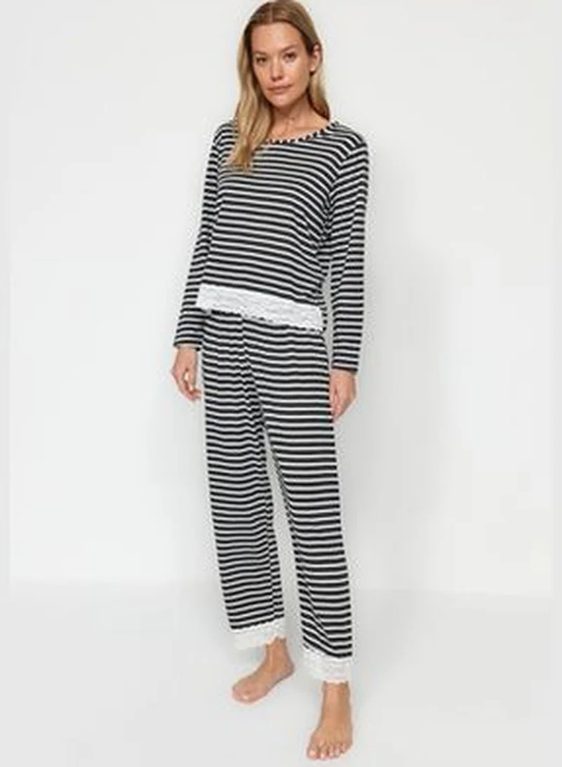 trendyol Anthracite Stripe with Lace Detailed Tshirt-Pants, Knitted Pajamas Set THMAW24PT00183.