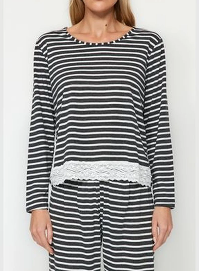trendyol Anthracite Stripe with Lace Detailed Tshirt-Pants, Knitted Pajamas Set THMAW24PT00183.
