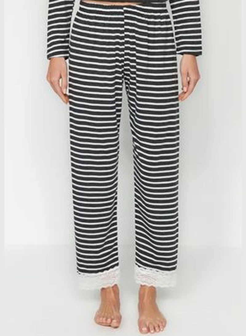trendyol Anthracite Stripe with Lace Detailed Tshirt-Pants, Knitted Pajamas Set THMAW24PT00183.