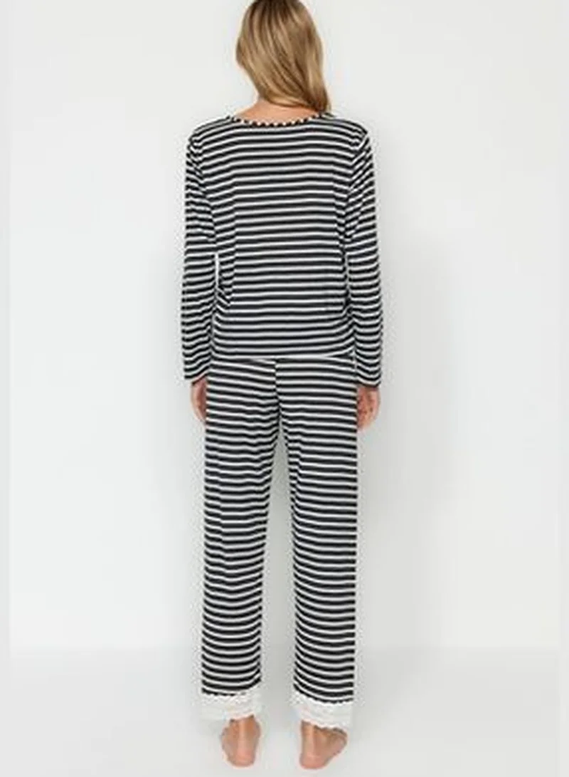 trendyol Anthracite Stripe with Lace Detailed Tshirt-Pants, Knitted Pajamas Set THMAW24PT00183.