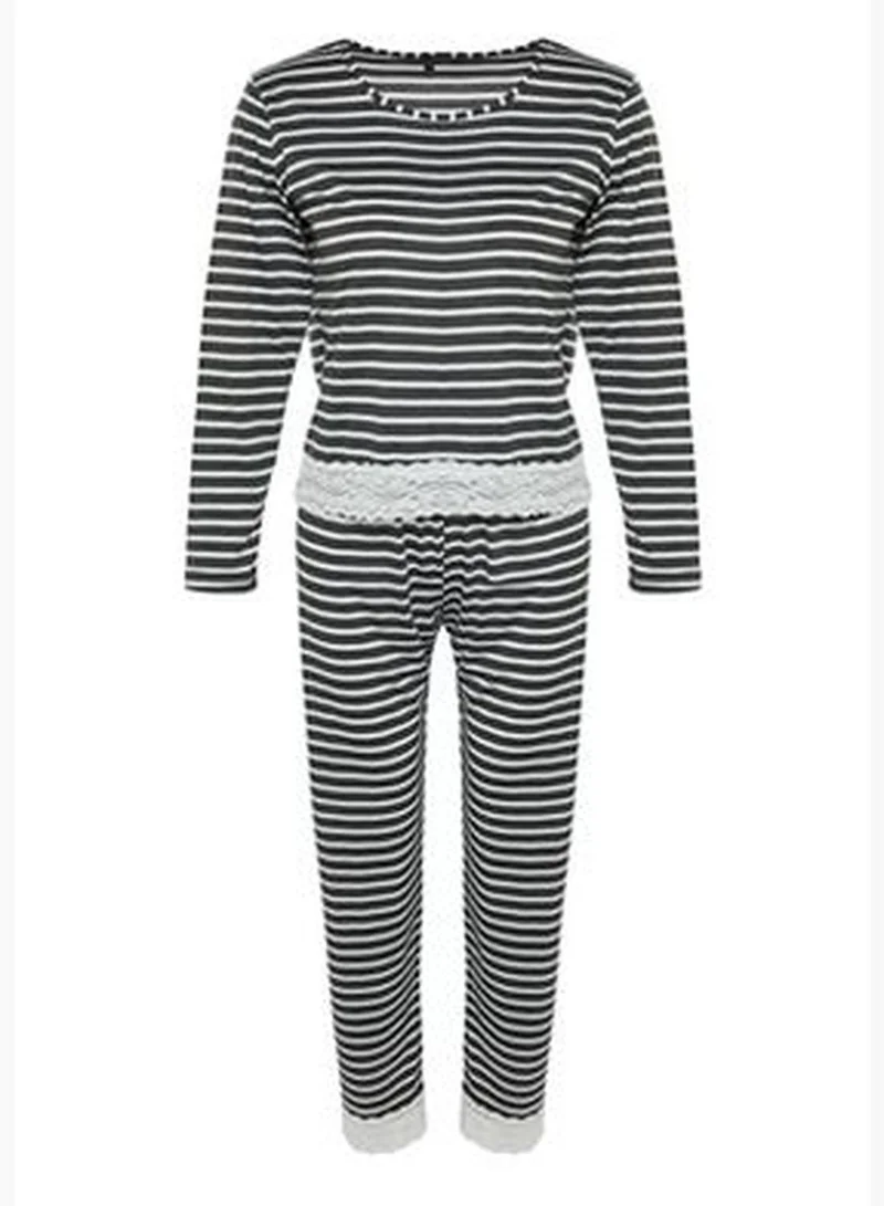 trendyol Anthracite Stripe with Lace Detailed Tshirt-Pants, Knitted Pajamas Set THMAW24PT00183.