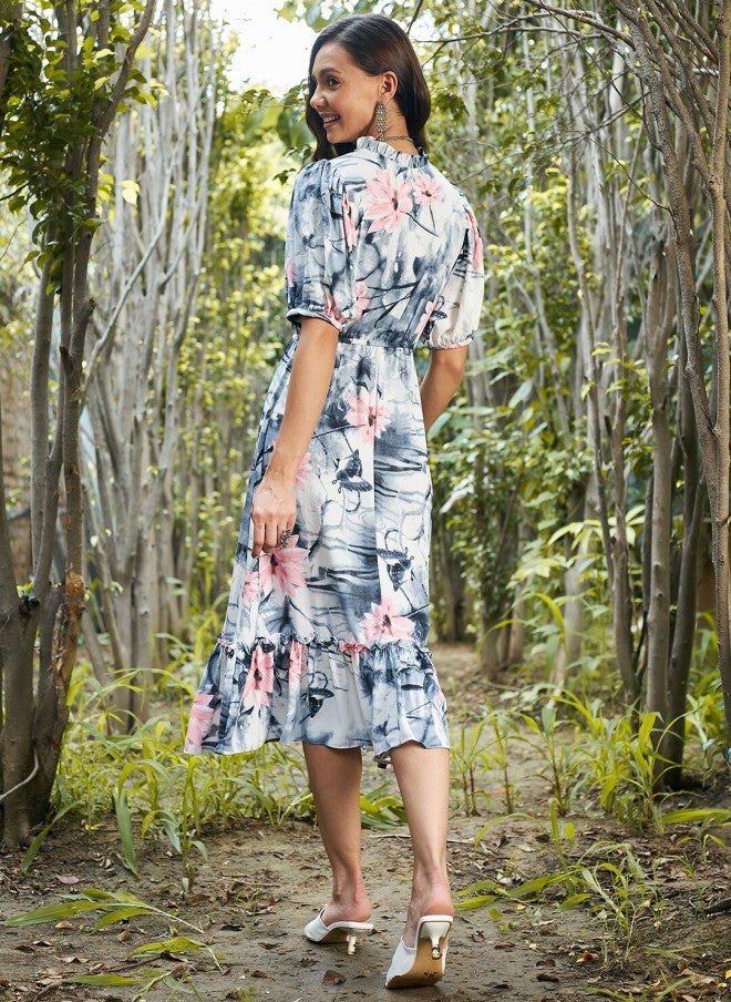 Athena Floral Tie-Up Neck A-Line Midi Dress for Women - Image 4
