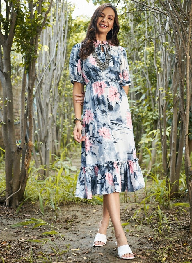 Athena Floral Tie-Up Neck A-Line Midi Dress for Women - Image 1