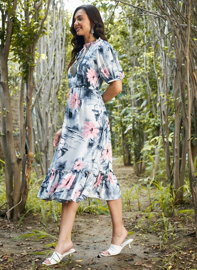 Athena Floral Tie-Up Neck A-Line Midi Dress for Women - Image 3