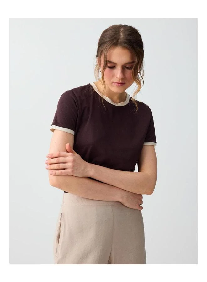 Jimmy Key Bitter Coffee %100 Cotton V-Neck Blouse with Detailed Shoulder Knitting.
