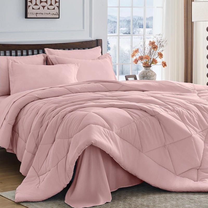 HEVUMYI Dusty Pink Queen Comforter Set - 7-Piece All Season Bed in a Bag Queen, Ultra Soft Bedding Set with Comforter, Flat Sheet, Fitted Sheet, Pillowcases, Pillow Shams - Image 1
