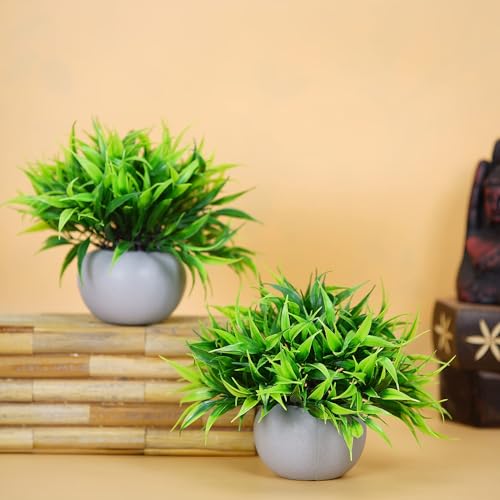 Dekorly® Artificial Green Grass Plants Set Decorative Fake Plant Faux Plastic Plants Indoor Outdoor for House Office Desk Bathroom Kitchen DIY Decor Gift | Pack of 2 - Image 2