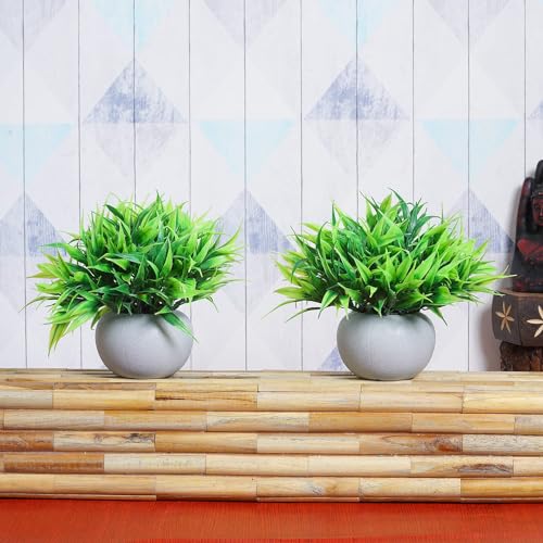 Dekorly® Artificial Green Grass Plants Set Decorative Fake Plant Faux Plastic Plants Indoor Outdoor for House Office Desk Bathroom Kitchen DIY Decor Gift | Pack of 2 - Image 1