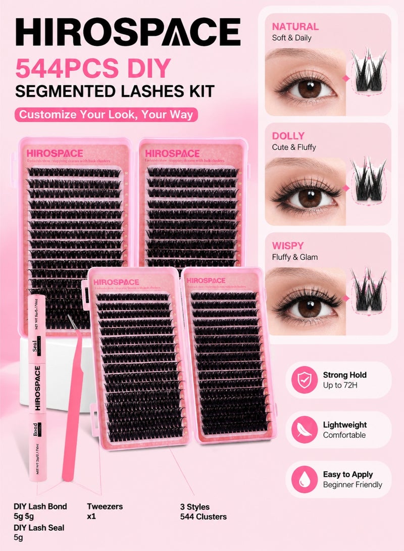 Hirospace 544 Pcs Lash Clusters, Lash Adhesive Glue & Lash Tweezer Set Eyelash Extensions Wispy False Eyelashes Lash Clusters DIY Eyelash Extensions Individual False Eyelashes for Women - Image 1