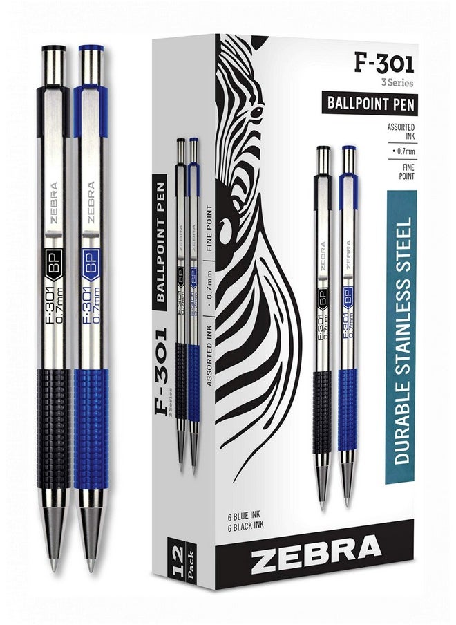 Zebra Pen Fine Point F 301, Bulk Combo Pack Of 6 Black Ink & 6 Blue Ink Metal Pens (Total Of 12 Pens), Ballpoint Stainless Steel Retractable 0.7Mm Fine Point Ink Pens  - Image 1