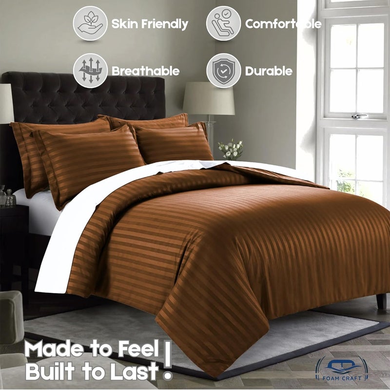 FOAM CRAFT Stripe 3-Piece Duvet Cover Set - 100% Cotton, Stain Free, Brown, King Size - Image 3
