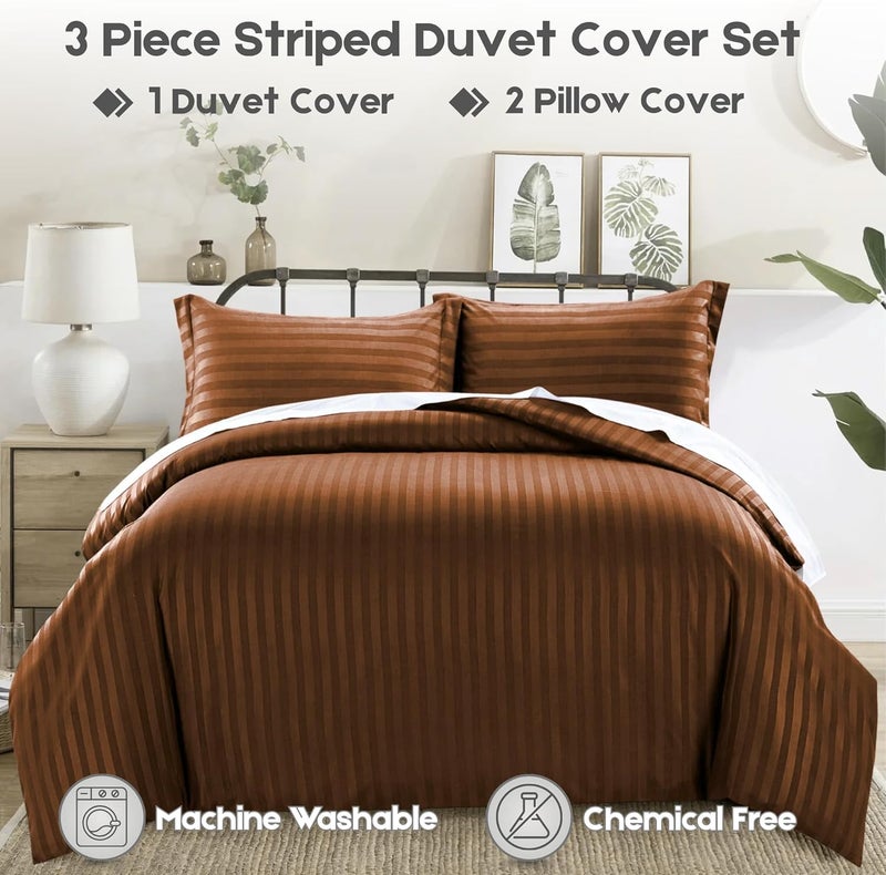 FOAM CRAFT Stripe 3-Piece Duvet Cover Set - 100% Cotton, Stain Free, Brown, King Size - Image 5