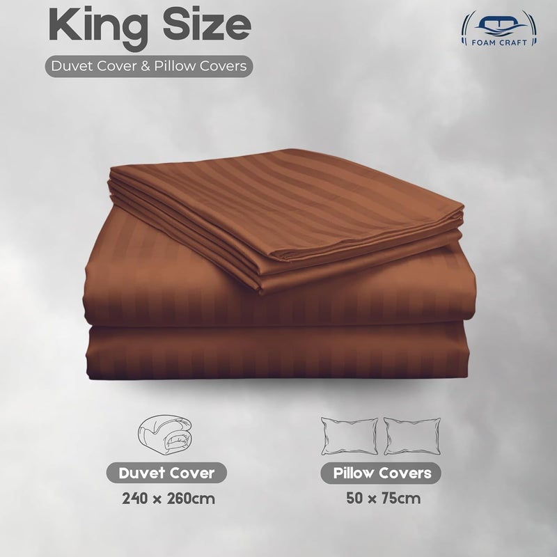 FOAM CRAFT Stripe 3-Piece Duvet Cover Set - 100% Cotton, Stain Free, Brown, King Size - Image 2