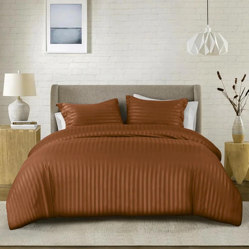 FOAM CRAFT Stripe 3-Piece Duvet Cover Set - 100% Cotton, Stain Free, Brown, King Size - Image 1