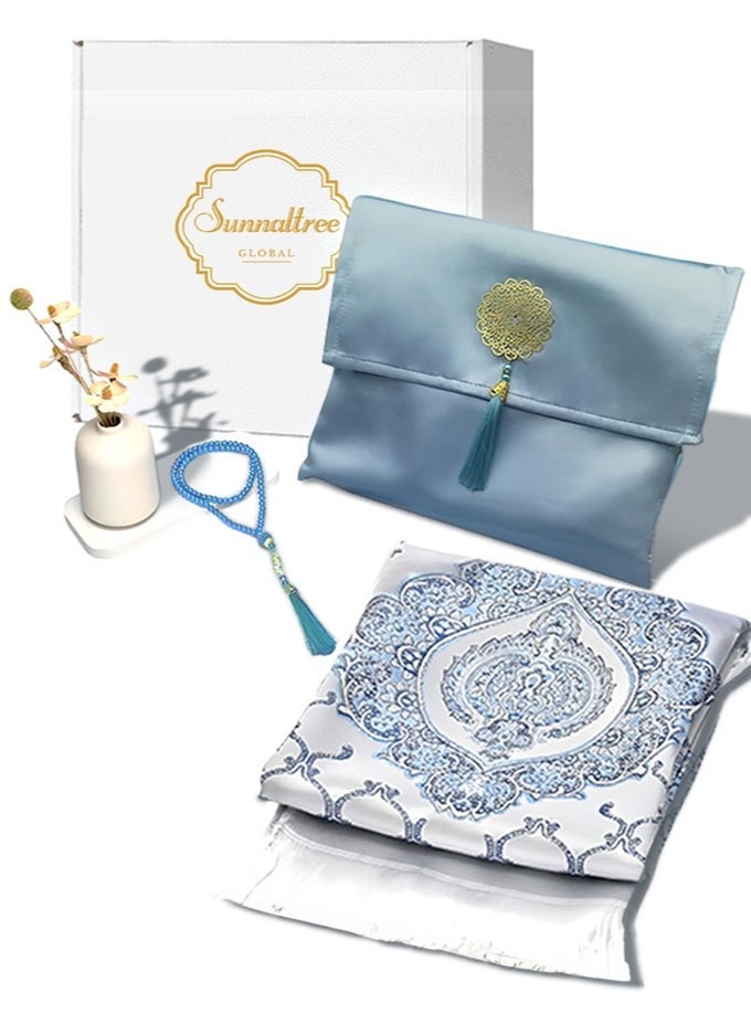 3PCS PRAYER MAT SET, BEAUTIFUL PRAYER MAT, WITH POUCH AND TASBIH, PREMIUM QUALITY SKIN FRIENDLY MATERIEL, FOLDABLE PRAYER CARPET MAT, IDEAL FOR HOME, TRAVELLING, AT OFFICE, AT WORK, FOR RAMADAN, EID ETC, BEST GIFT IDEA PRAYER(BLUE)