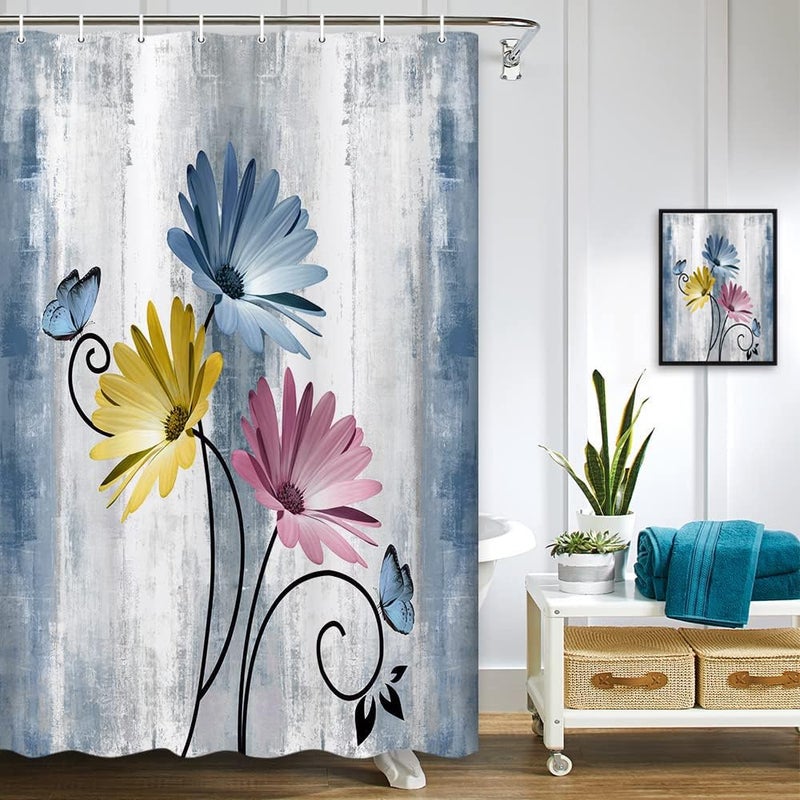 VeiVian Rustic Farmhouse Shower Curtain  Farm Blue Daisy Floral Flowers and Butterfly on Country Wooden Shower Curtain for Bathroom  Turquoise Pink Yellow Bathroom Shower Curtains with 8PCS Hooks  47X64IN - Image 1