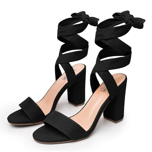 Trary Black Heels for Women, Black Strappy Heels Sandals, Lace Up Heels for Women Chunky Heel, Wrap Up Chunky Heels for Women, Black Tie Up Heels,Lace Up Sandals Women Black Herls Wide Width Heals 08 - Image 2