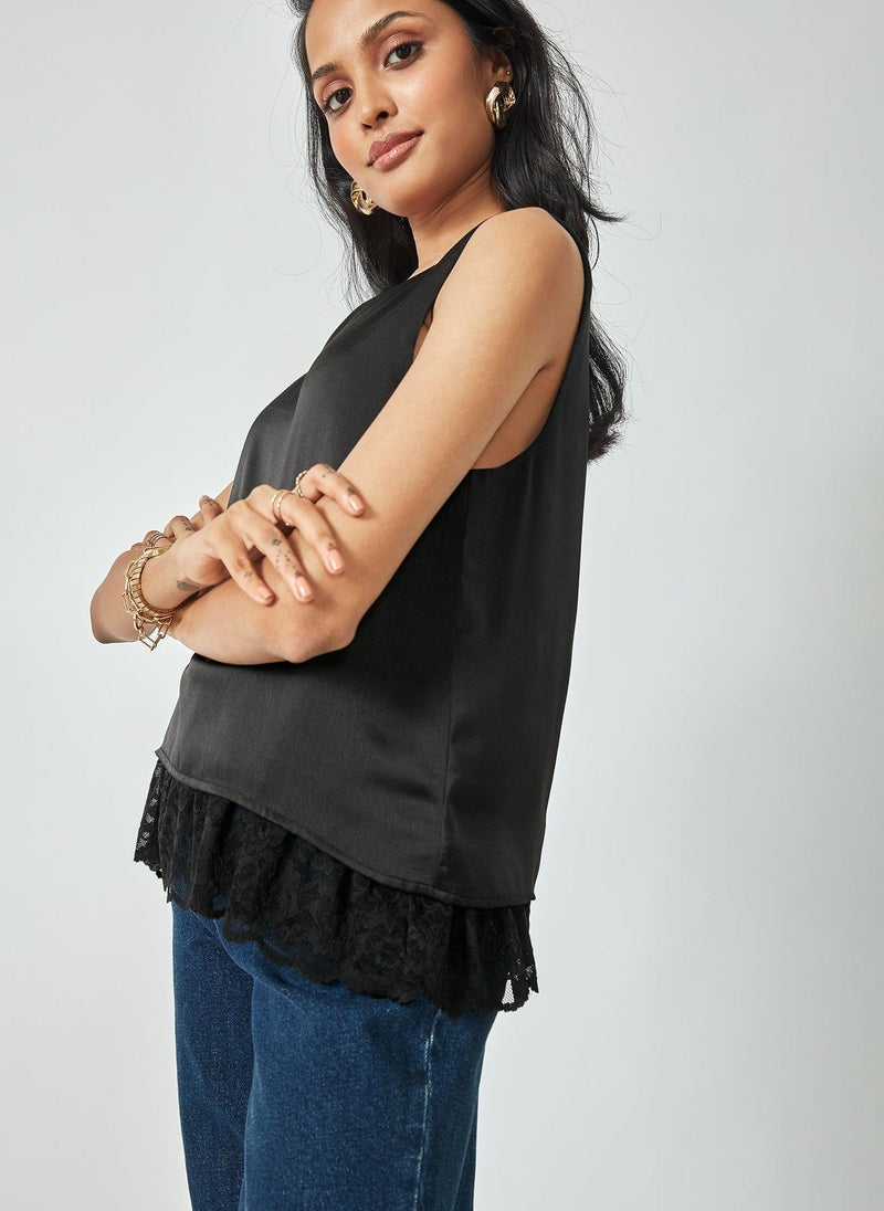 The Label Life Black Satin Lace Trim Tank Top – Elegant & Chic Sleeveless Blouse  - Image 2