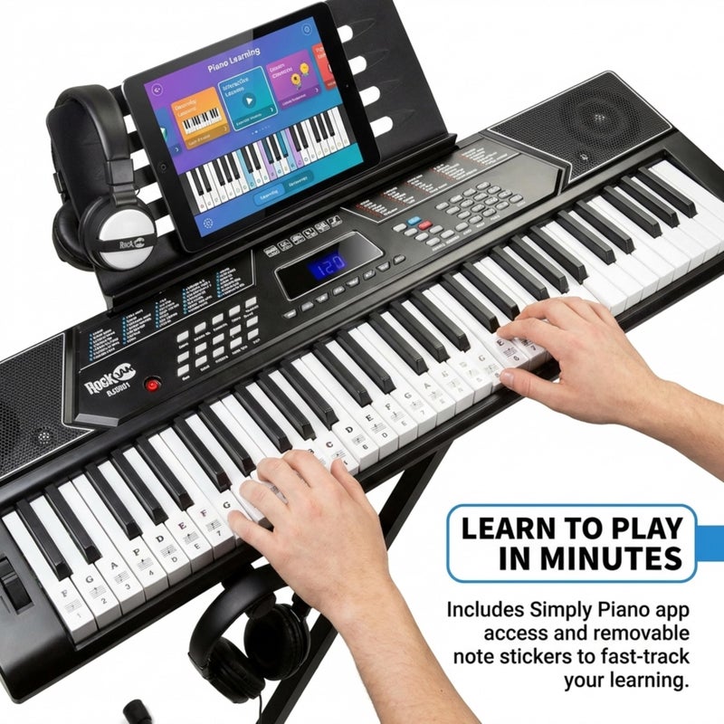 RockJam 61 Key Keyboard Piano Stand With Pitch Bend Kit, Piano Bench, Headphones, Simply Piano App & Keynote Stickers - Image 3