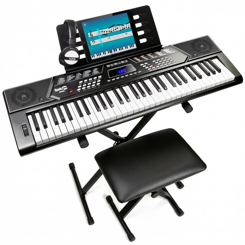RockJam 61 Key Keyboard Piano Stand With Pitch Bend Kit, Piano Bench, Headphones, Simply Piano App & Keynote Stickers - Image 1