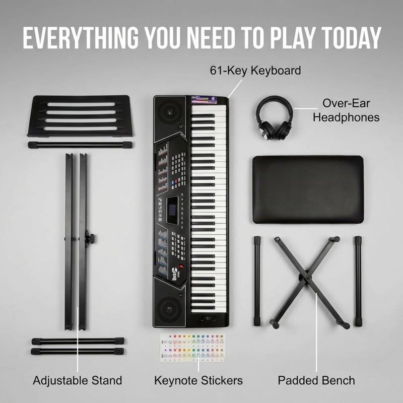 RockJam 61 Key Keyboard Piano Stand With Pitch Bend Kit, Piano Bench, Headphones, Simply Piano App & Keynote Stickers - Image 2