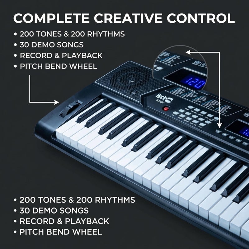 RockJam 61 Key Keyboard Piano Stand With Pitch Bend Kit, Piano Bench, Headphones, Simply Piano App & Keynote Stickers - Image 4