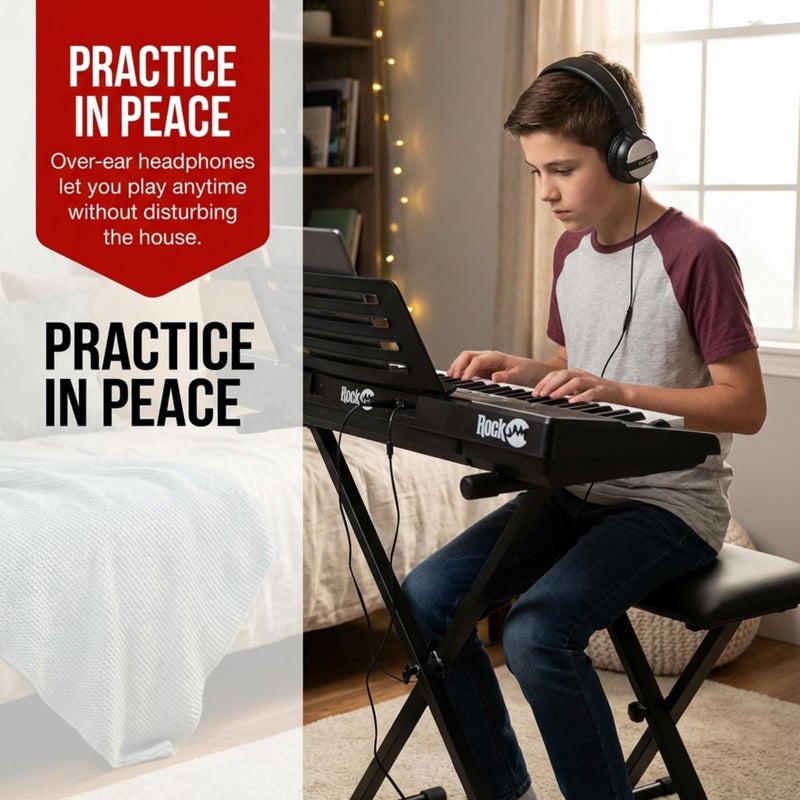 RockJam 61 Key Keyboard Piano Stand With Pitch Bend Kit, Piano Bench, Headphones, Simply Piano App & Keynote Stickers - Image 5
