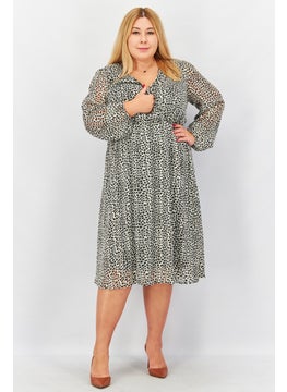 Women Graphic Print Long Sleeve Midi Dress, Black Combo