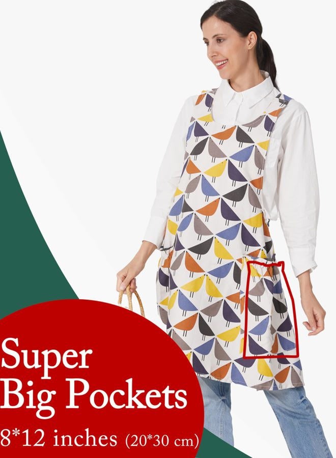 APRONNER Cozy Adjustable Cross Back Aprons for Women with Pockets Cotton Linen Cooking Kitchen Baking, Birds, L - Image 2
