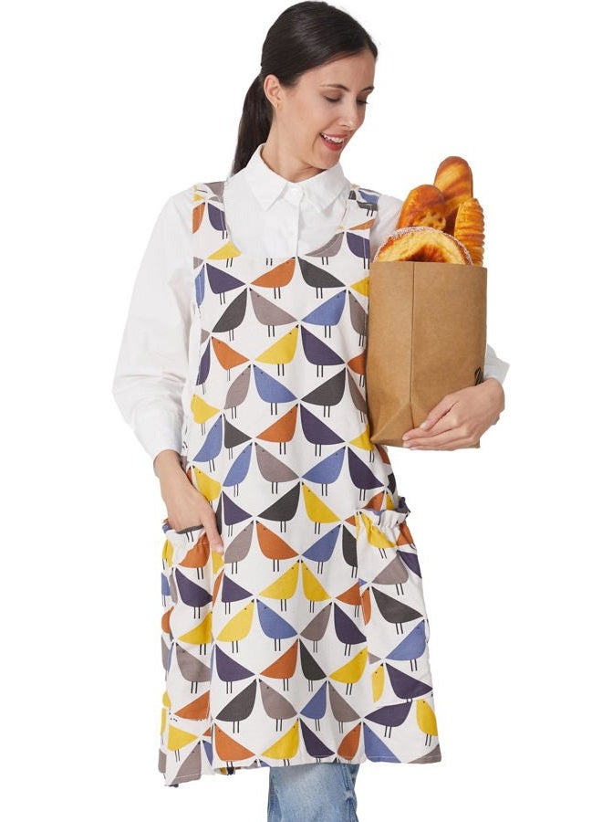 APRONNER Cozy Adjustable Cross Back Aprons for Women with Pockets Cotton Linen Cooking Kitchen Baking, Birds, L - Image 1