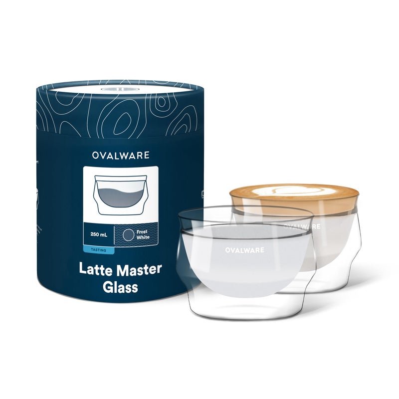 ovalware 8.5oz Double Wall Latte Cups, Latte Set of 2 - Latte Glasses for Cold & Hot Drink, Palm-Sized Cups with Wide Rim for Artistic Designs - Frost White - Image 1