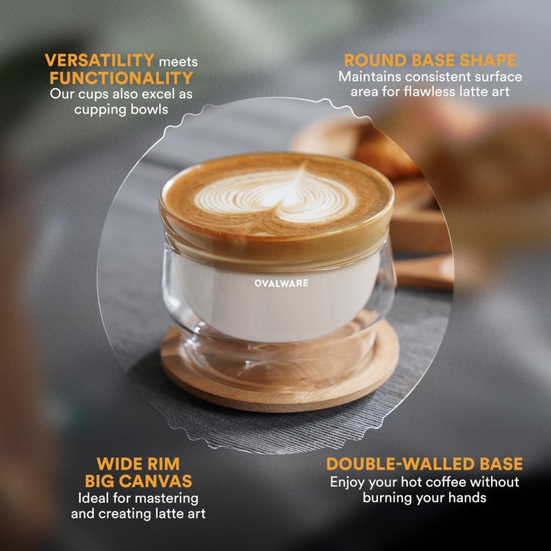 ovalware 8.5oz Double Wall Latte Cups, Latte Set of 2 - Latte Glasses for Cold & Hot Drink, Palm-Sized Cups with Wide Rim for Artistic Designs - Frost White - Image 5