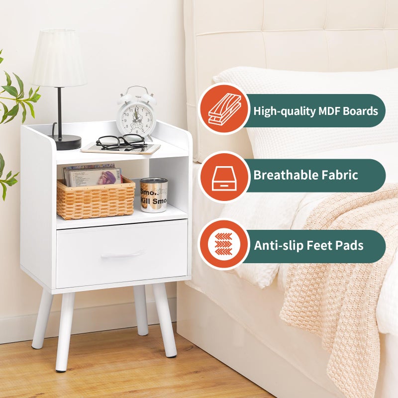 Yoobure Modern Nightstand with Drawer, Bedside Tables, Mid Century Nightstands with Open Storage Shelf, Wood Bedside Table, Small Night Stands for Bedrooms, 2-Tier Night Table - Image 3
