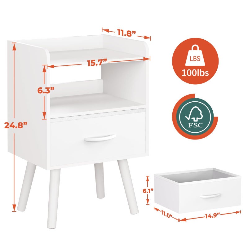 Yoobure Modern Nightstand with Drawer, Bedside Tables, Mid Century Nightstands with Open Storage Shelf, Wood Bedside Table, Small Night Stands for Bedrooms, 2-Tier Night Table - Image 5