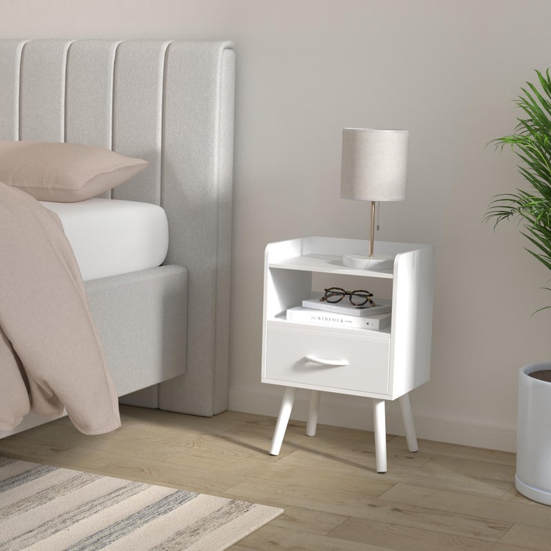 Yoobure Modern Nightstand with Drawer, Bedside Tables, Mid Century Nightstands with Open Storage Shelf, Wood Bedside Table, Small Night Stands for Bedrooms, 2-Tier Night Table - Image 2