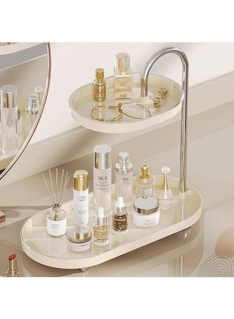 Hihonor Bathroom Countertop Vanity Tray 2 Tiers Sink Trays Cosmetic Storage Organizer for Dresser Soap Dispenser Sponge Holder Standing Perfume Tray for Bedroom Decor (White) - Image 1