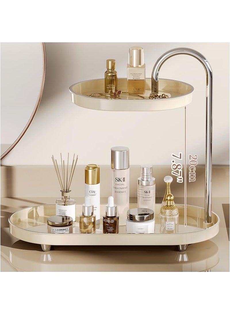 Hihonor Bathroom Countertop Vanity Tray 2 Tiers Sink Trays Cosmetic Storage Organizer for Dresser Soap Dispenser Sponge Holder Standing Perfume Tray for Bedroom Decor (White) - Image 2