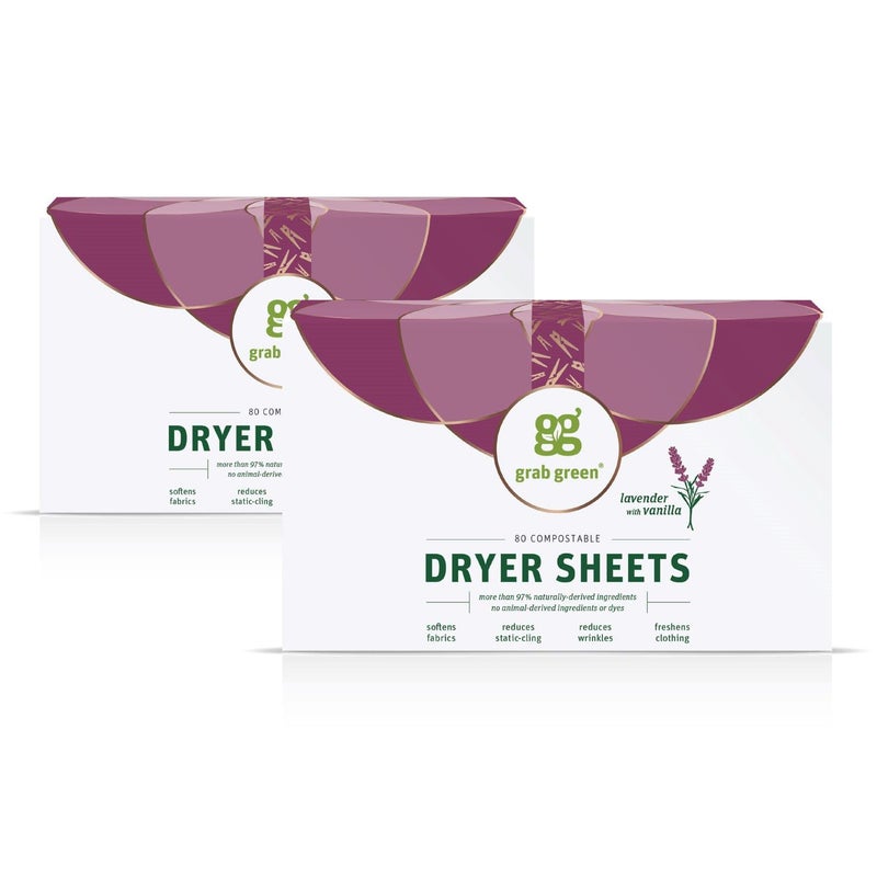 Grab Green Dryer Sheets, 160 Sheets, Lavender Vanilla Scent, Plant Based, Softens Fabrics, Reduces Static Cling and Wrinkles - Image 1