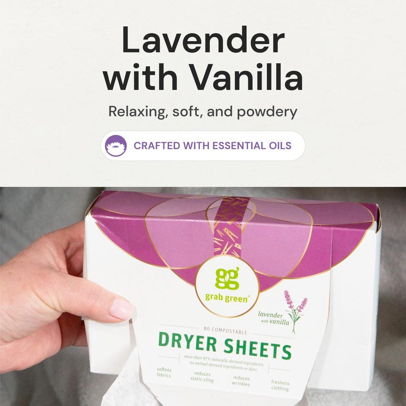 Grab Green Dryer Sheets, 160 Sheets, Lavender Vanilla Scent, Plant Based, Softens Fabrics, Reduces Static Cling and Wrinkles - Image 3