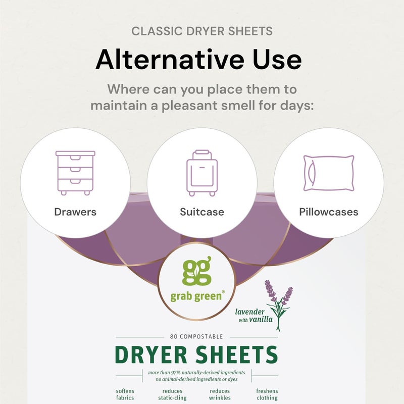 Grab Green Dryer Sheets, 160 Sheets, Lavender Vanilla Scent, Plant Based, Softens Fabrics, Reduces Static Cling and Wrinkles - Image 5