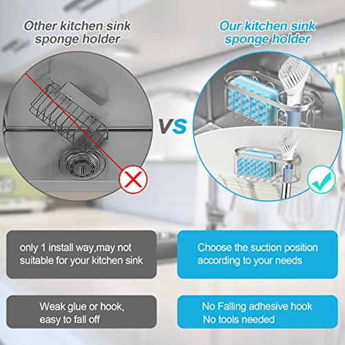 Yazoni 2-in-1 Sponge Holder for Kitchen Sink, Suction Cup Kitchen Caddy, No Drill Rustproof Sink Organizer for Place Dishwashing Brush Soap and Sponge (Silver) - Image 3