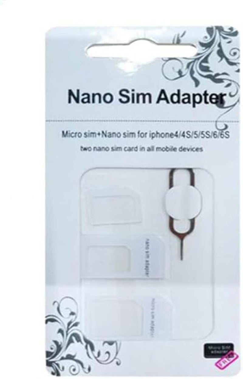محول شريحة نانو SIM 4 في 1، طقم محول شريحة SIM، مجموعة محول شريحة SIM، محول شريحة SIM مع دبوس إخراج شريحة SIM متوافق مع الهواتف المحمولة - أبيض