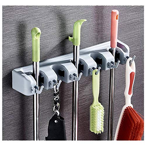 RD MALL Mop Holder and Broom Holder 5 Slot Position with 6 Hooks Garage Storage Holder Wall Mounted Magic Mop Broom Sticks Hanger Stand Organizer Holder - Image 2