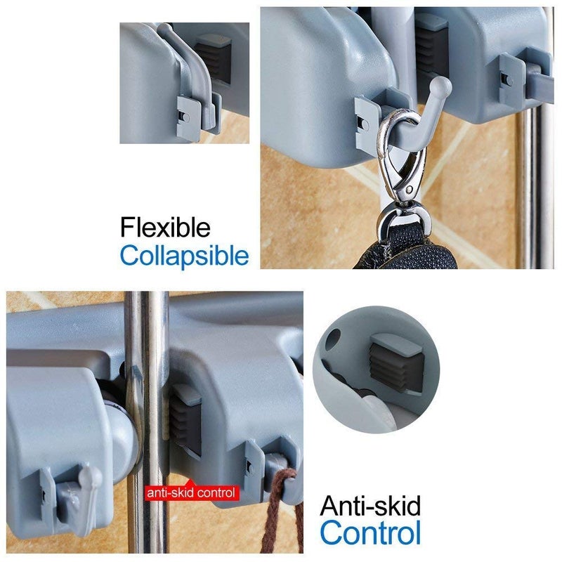 RD MALL Mop Holder and Broom Holder 5 Slot Position with 6 Hooks Garage Storage Holder Wall Mounted Magic Mop Broom Sticks Hanger Stand Organizer Holder - Image 5