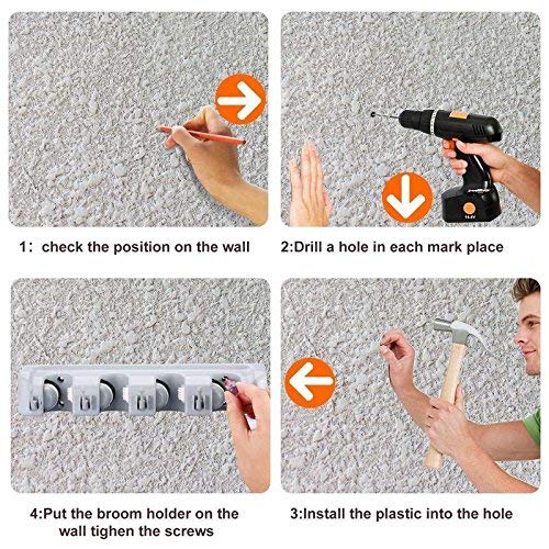 RD MALL Mop Holder and Broom Holder 5 Slot Position with 6 Hooks Garage Storage Holder Wall Mounted Magic Mop Broom Sticks Hanger Stand Organizer Holder - Image 4