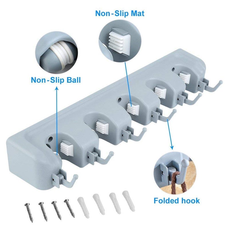 RD MALL Mop Holder and Broom Holder 5 Slot Position with 6 Hooks Garage Storage Holder Wall Mounted Magic Mop Broom Sticks Hanger Stand Organizer Holder - Image 3
